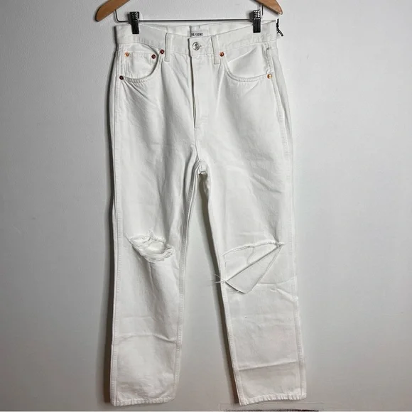 Re/Done 90’s High Rise Loose in White With Rips